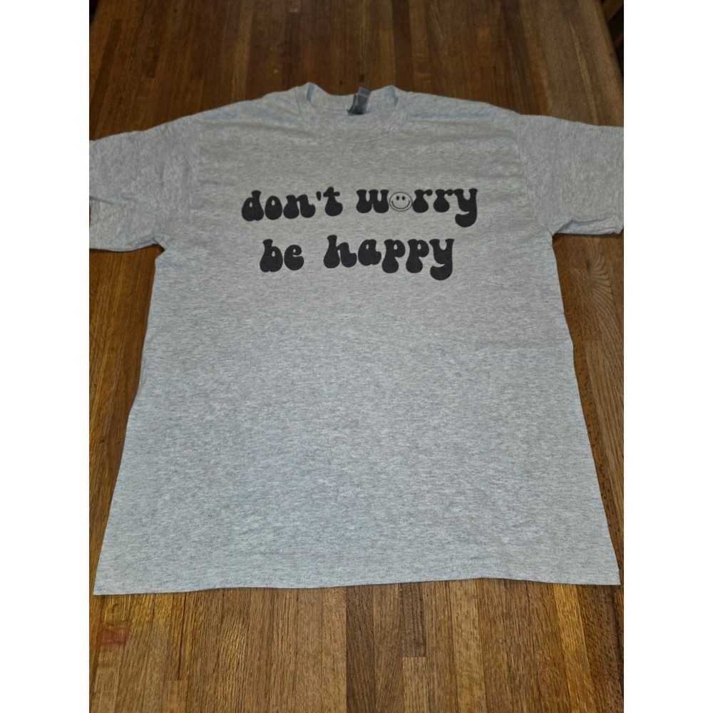 Gildan Women LG Gray DryBlend Dont Worry Be‎ Happy Graphic Retro Smiley T-Shirt